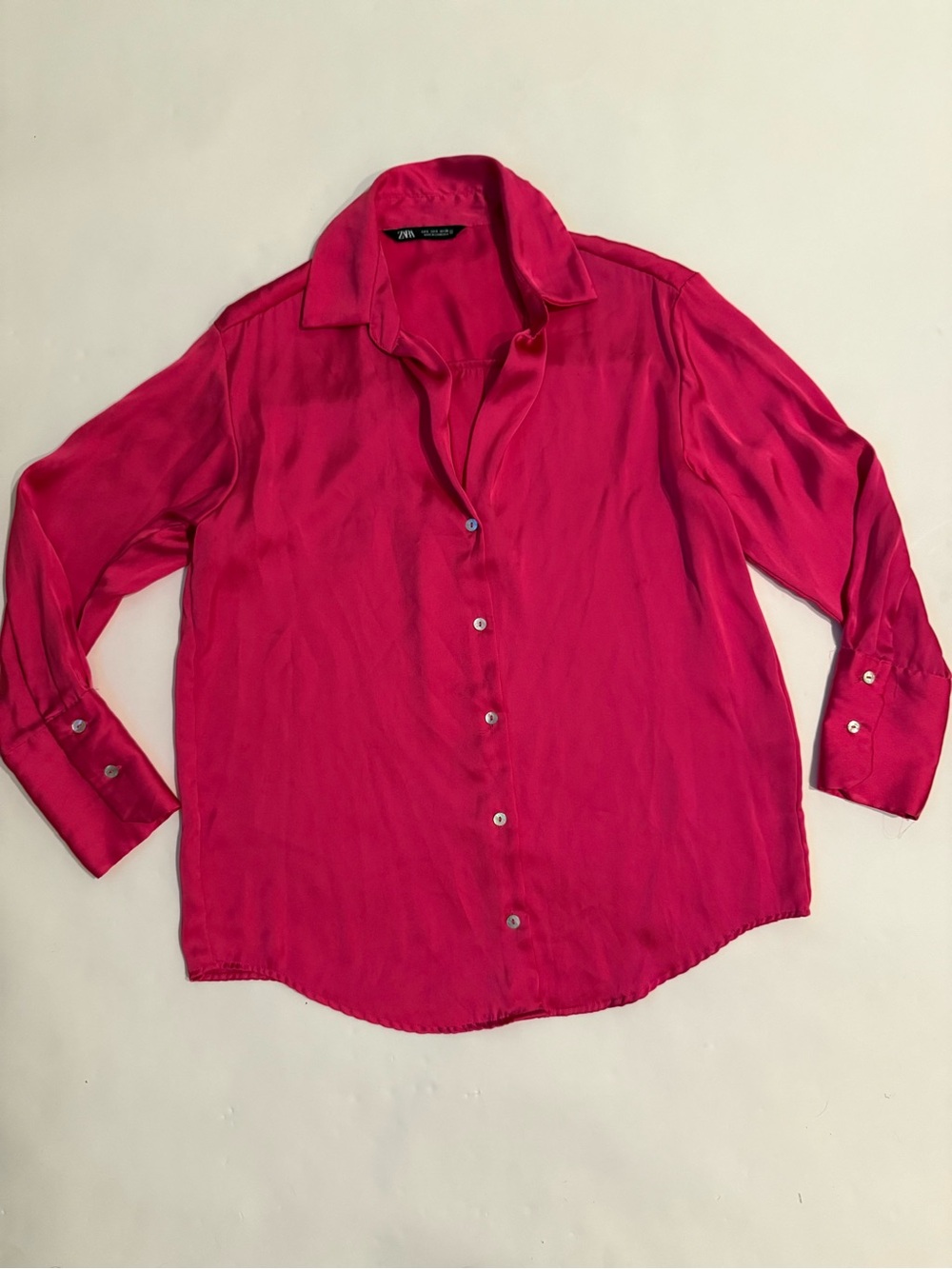 Zara Hot Pink Button-Down Silk-Look Shirt